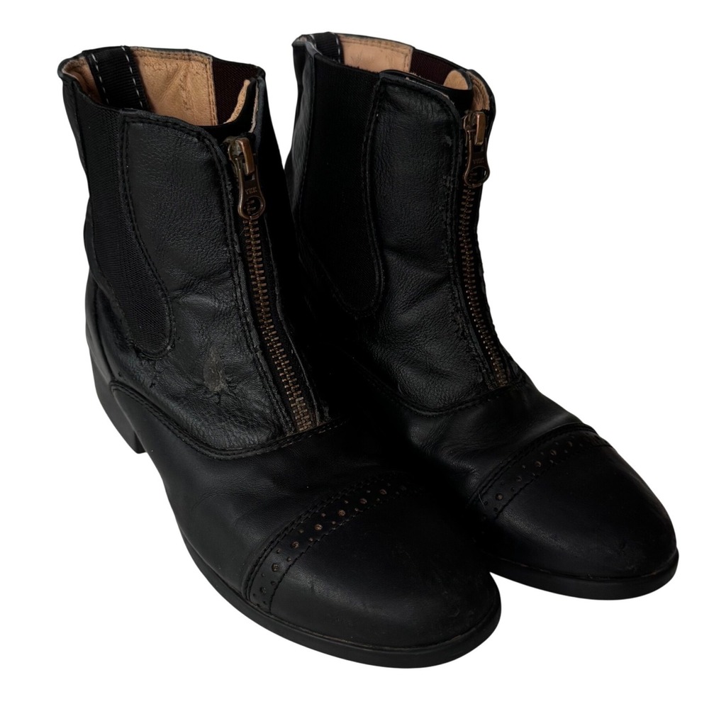 TuffRider Paddock Boots Kids EU 36 Black Good Leather Front Zip Cap Toe RN 51957